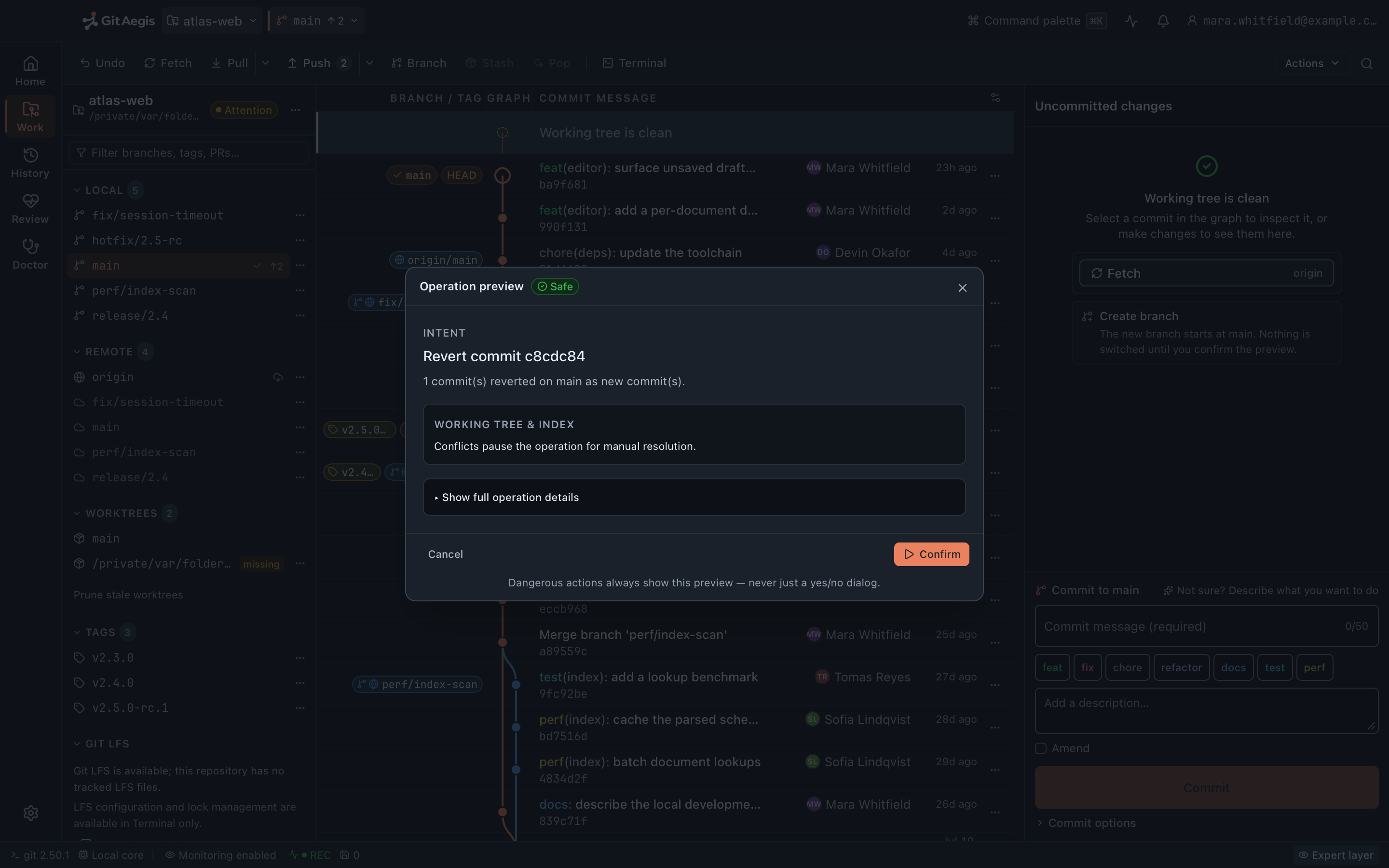 The GitAegis mode rail, showing the five modes (Home, Work, History, Review and Doctor) with Work active and the Operation Preview open over the workspace.