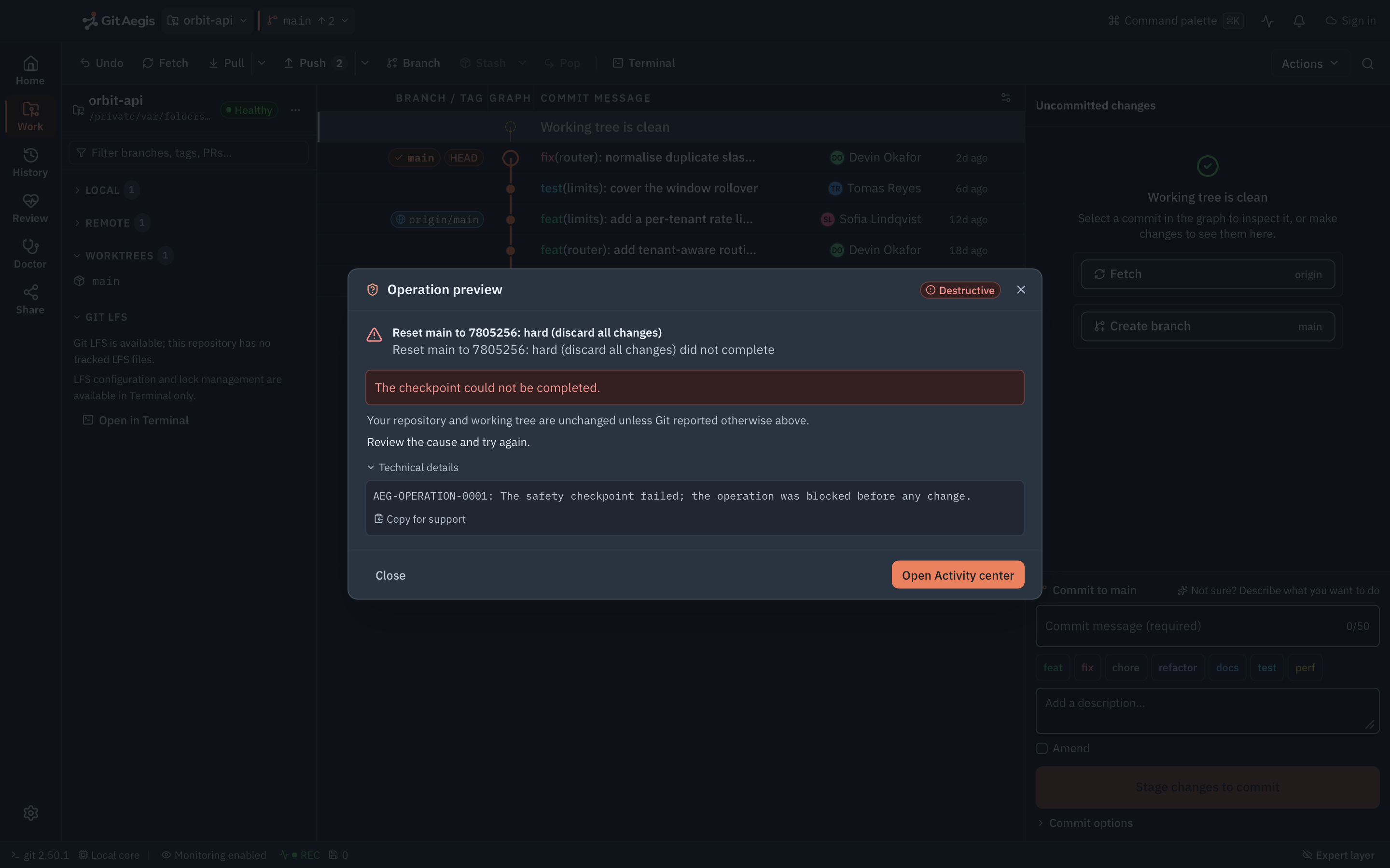 GitAegis refusing a reviewed hard reset because its checkpoint could not be completed: the dialog reports the failure, states that the repository and working tree are unchanged, and carries the error code AEG-OPERATION-0001.