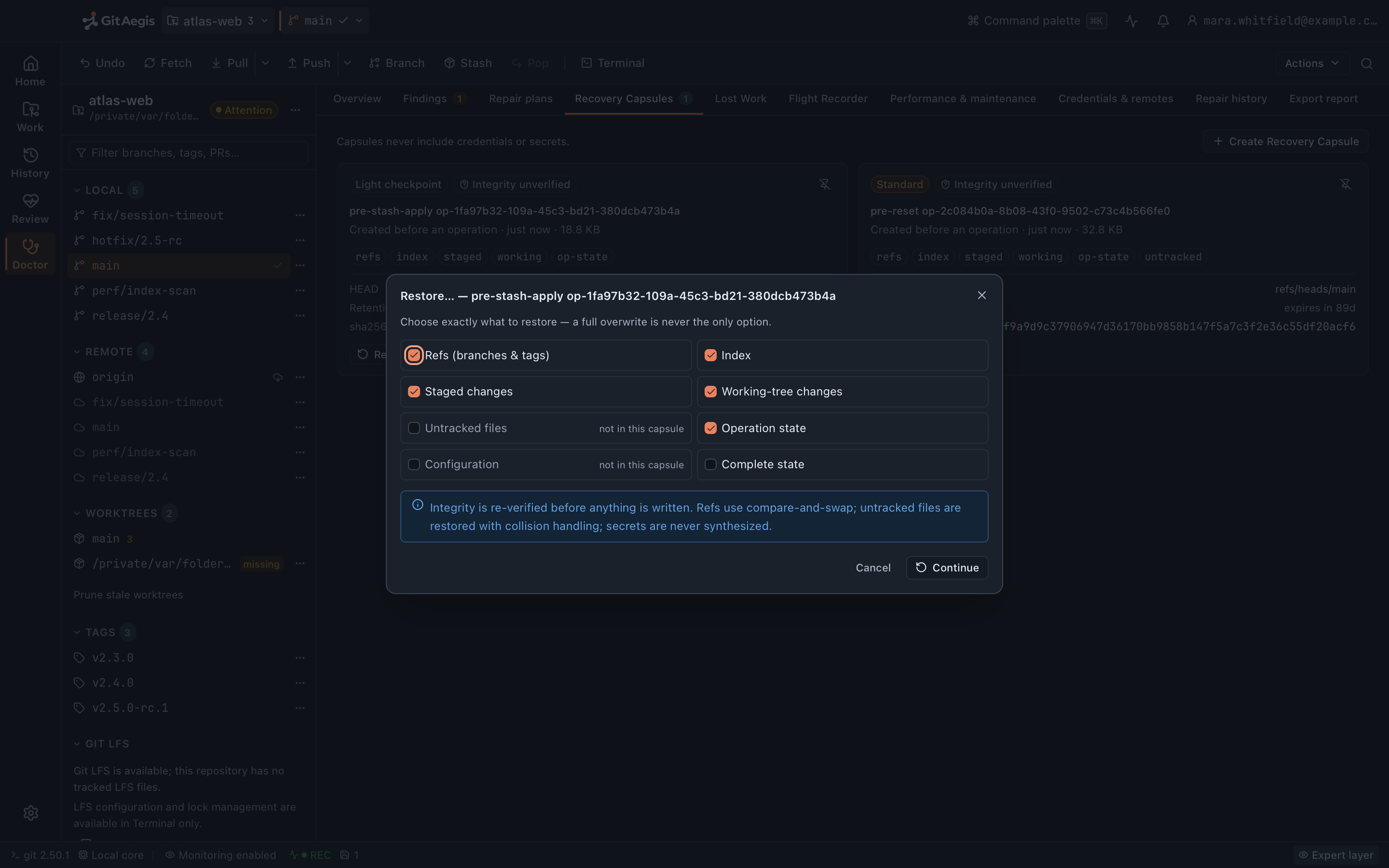 A recovery capsule in GitAegis, showing its six captured domains (refs, index, staged changes, working changes, untracked files and operation state) each independently selectable for restore.