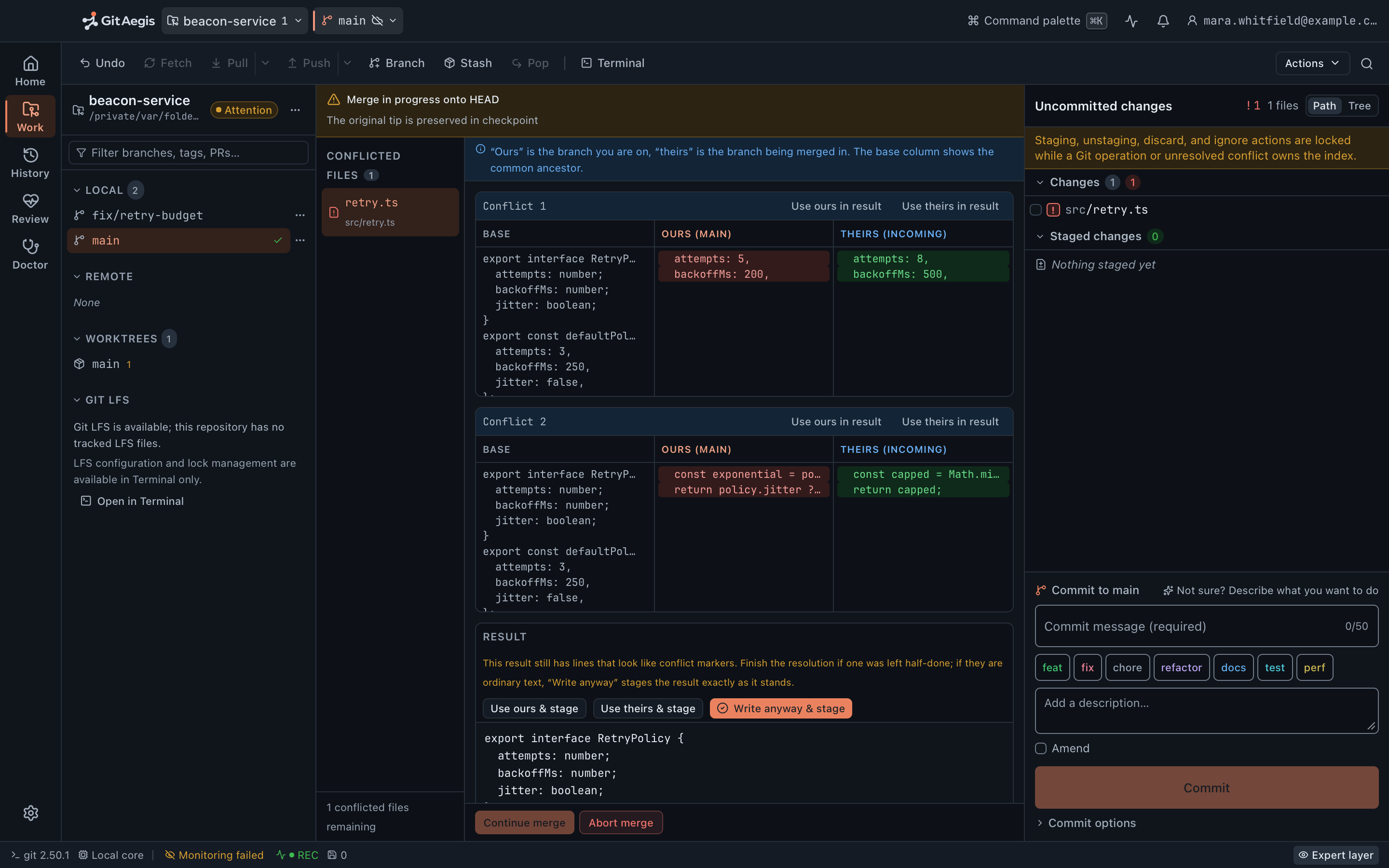 Conflict resolution in GitAegis mid-merge: each conflict block shows the base, ours and theirs stages with take-side controls, above an editable result pane, with the remaining-conflicts count and continue and abort actions.