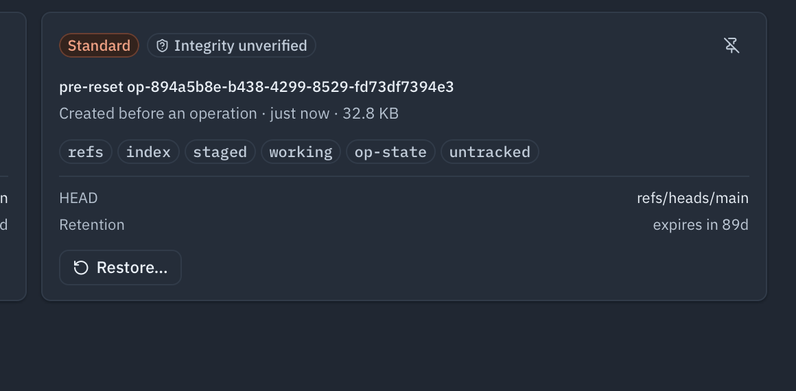 One standard recovery capsule as GitAegis lists it locally: its kind, integrity state, size, the six captured-domain chips, its retention and its SHA-256 checksum.