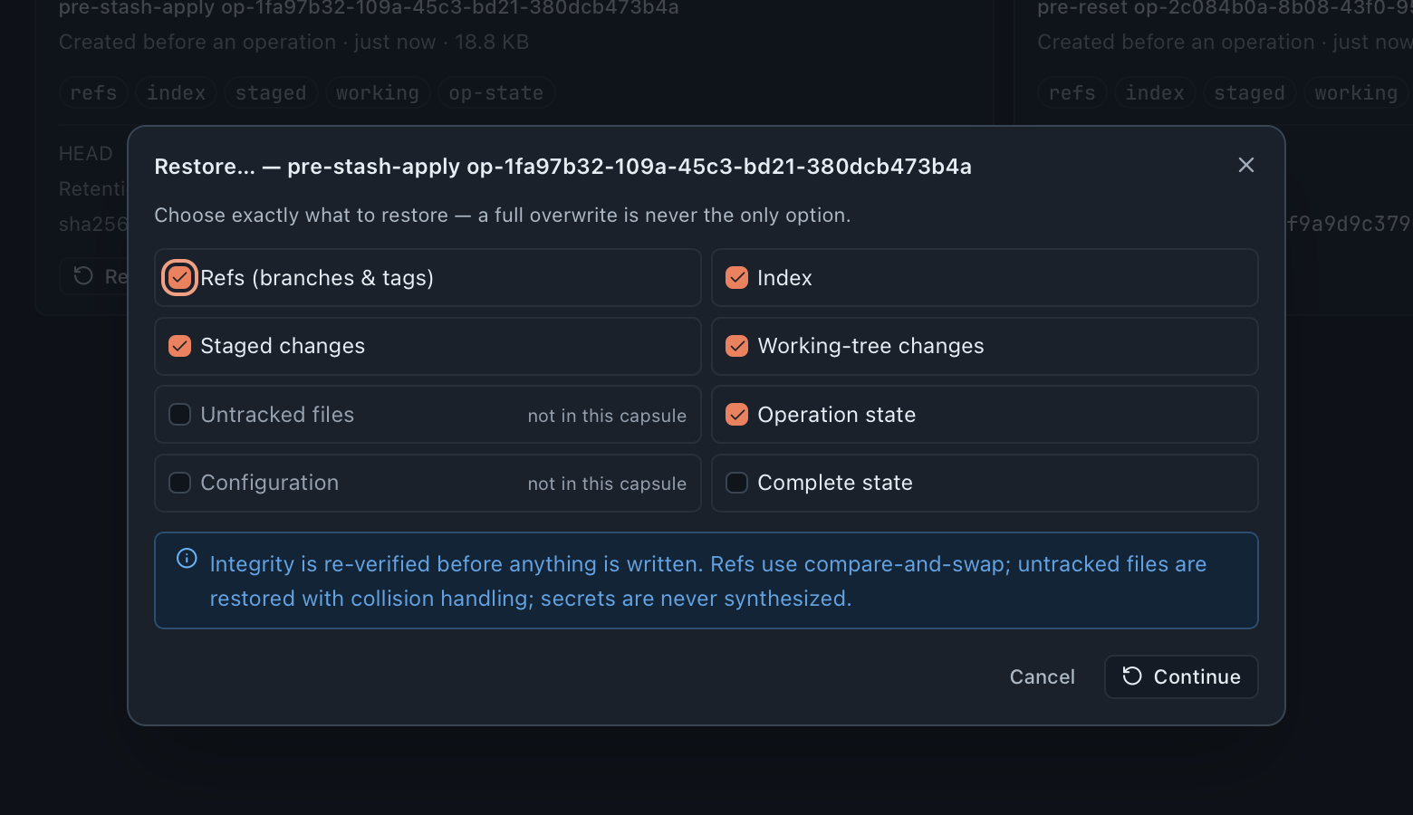 The restore dialog of a recovery capsule, with a per-domain checkbox for refs, index, staged changes, working-tree changes, untracked files and operation state.