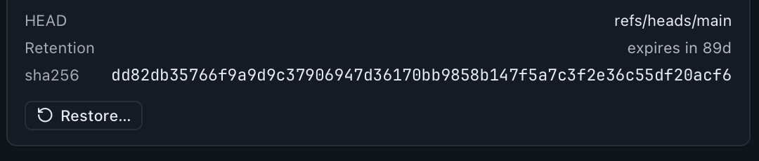 The lower rows of a standard recovery capsule card in GitAegis Doctor: HEAD reading refs/heads/main, Retention reading expires in 89d, the capsule's sha256 in full, and its Restore action.