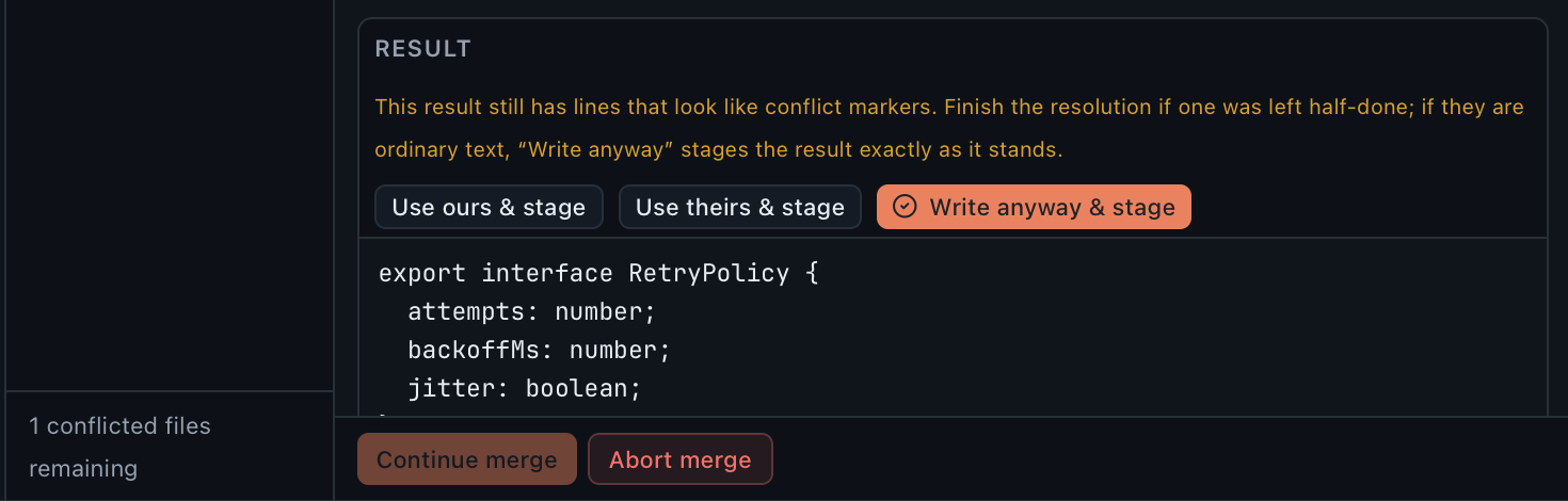 The editable merged result pane with Use ours, Use theirs and Write anyway staging controls, beside the sequencer bar reading one conflicted file remaining with continue and abort actions.