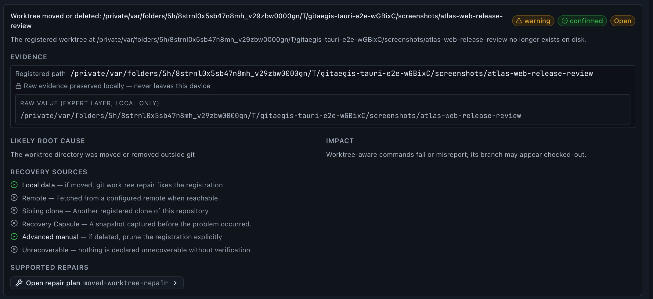 A full Doctor finding: 'Worktree moved or deleted' with warning and confirmed chips, the EVIDENCE panel carrying the registered path, the likely root cause and impact, six recovery sources each marked available or not, and the moved-worktree-repair plan.