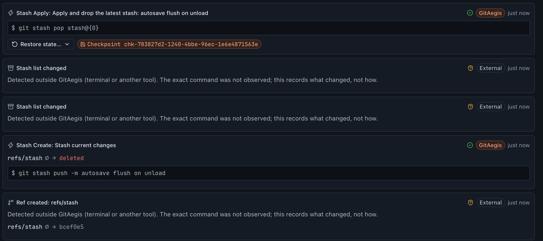 The same five events in the GitAegis Flight Recorder: the app's Stash Apply with its command and checkpoint chip, two externally detected stash-list changes, the app's Stash Create, and an externally created refs/stash: each row carrying a GitAegis or External origin chip.
