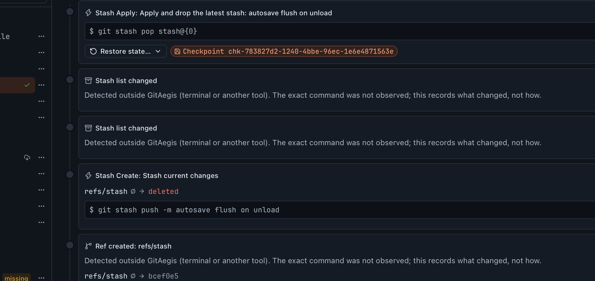 Flight Recorder timeline events including stash and ref changes detected outside GitAegis, each recorded as what changed rather than how.