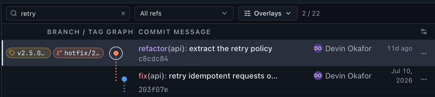 The graph filter reading 2 / 22 for the query retry, with both matching commits shown (one carrying the v2.5.0-rc.1 tag and the hotfix/2.5-rc branch) and every ref decoration still pinned.