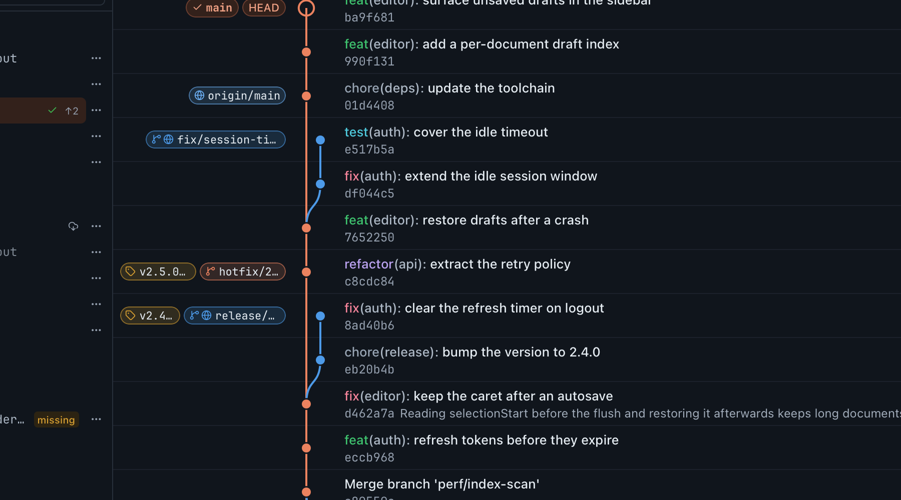 Branch lanes in the GitAegis commit graph with a merge drawn to its real parents, and branch and tag pills sitting on the lanes their commits occupy.
