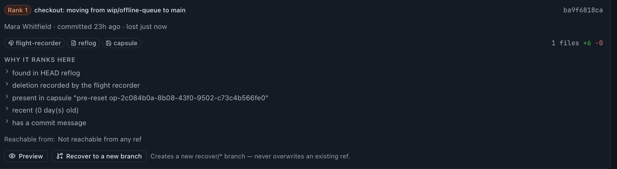 The top-ranked candidate in Lost Work: a commit lost by moving from wip/offline-queue to main, found by the flight-recorder, reflog and capsule sources, with the reasons it ranks first and a Recover to a new branch action.