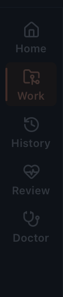 The GitAegis mode rail: Home, Work, History, Review and Doctor as five icons with labels, Work marked as the active mode.