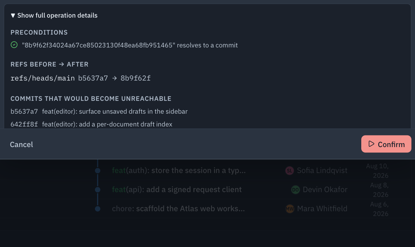 The preconditions block of a planned hard reset in GitAegis: one satisfied precondition with a green check, and the refs before and after the operation.