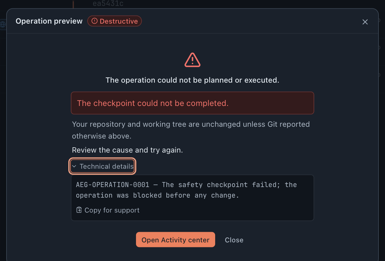 GitAegis refusing a reviewed hard reset: the checkpoint could not be completed, the repository and working tree are stated unchanged, and the technical details carry error code AEG-OPERATION-0001.