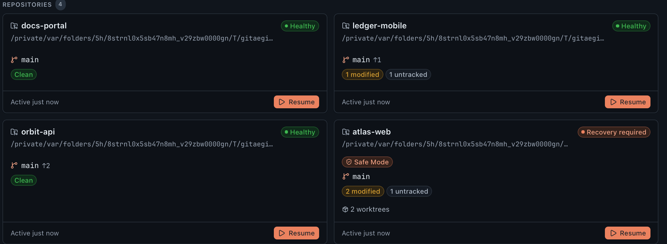 The GitAegis repository catalogue in Home mode: four repositories, each with its branch, dirty counts and last activity, one carrying a Safe Mode badge.