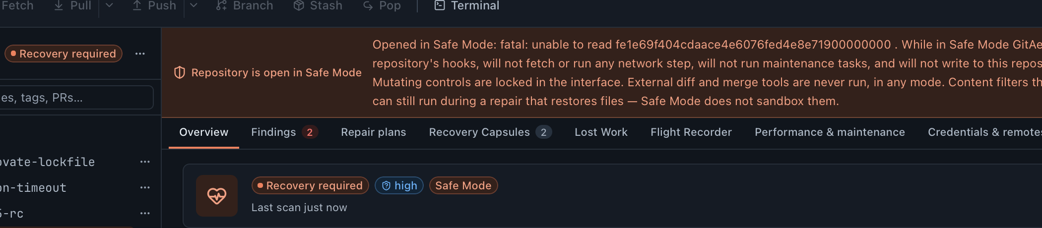 The Safe Mode banner up close: the repository is open in Safe Mode after an unreadable index, with the Stash and Pop controls disabled in the toolbar.