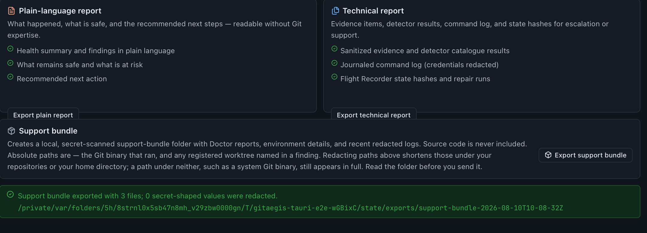The GitAegis support-bundle export panel with path redaction on, reporting the files written and the secret-shaped values redacted.