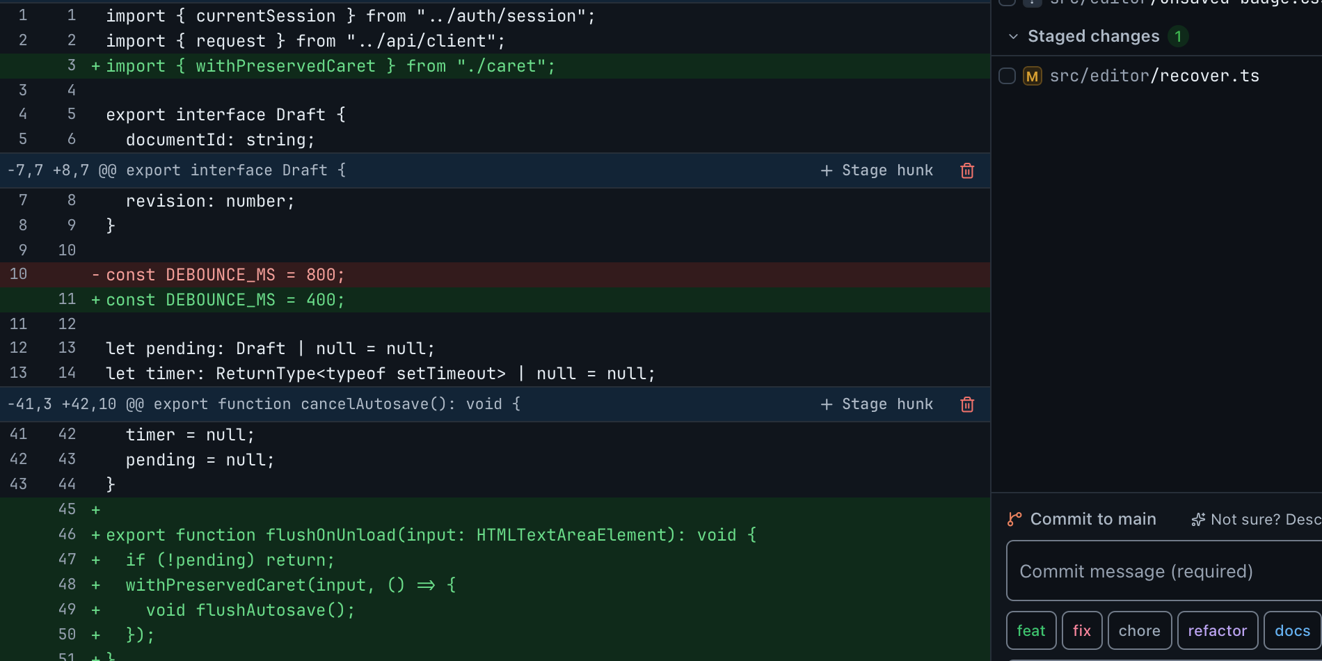 A hunk of a file diff in GitAegis Work mode with its stage controls: the everyday staging surface these articles document.