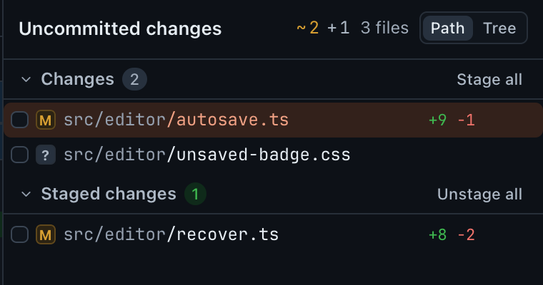 The Uncommitted changes panel in GitAegis Work mode: a Changes group holding a modified file and an untracked file, and a separate Staged changes group, each with its own stage-all control.