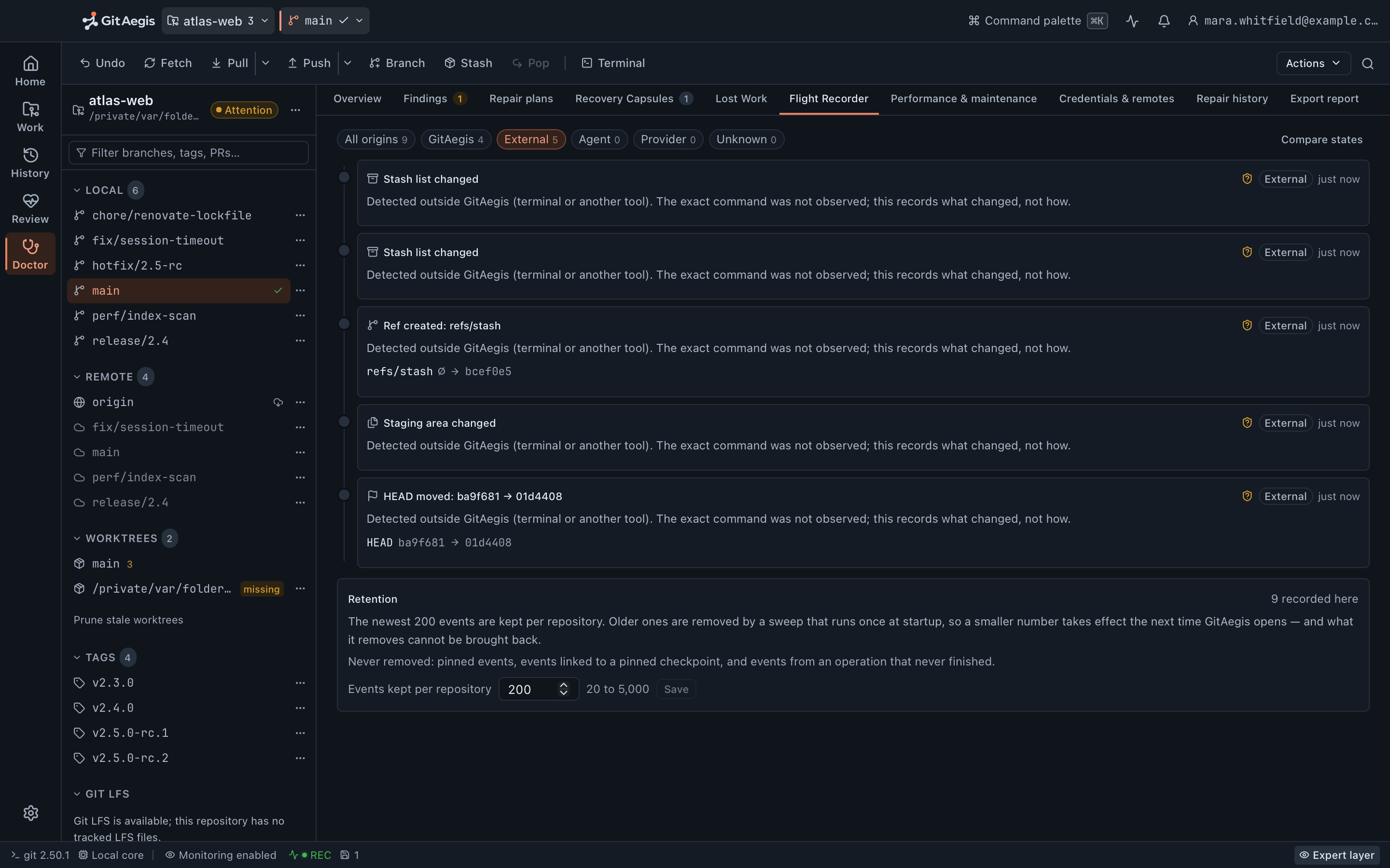 The GitAegis Flight Recorder timeline filtered to events GitAegis did not cause, showing ref movements and an index change with their timestamps, above a row of filter controls.