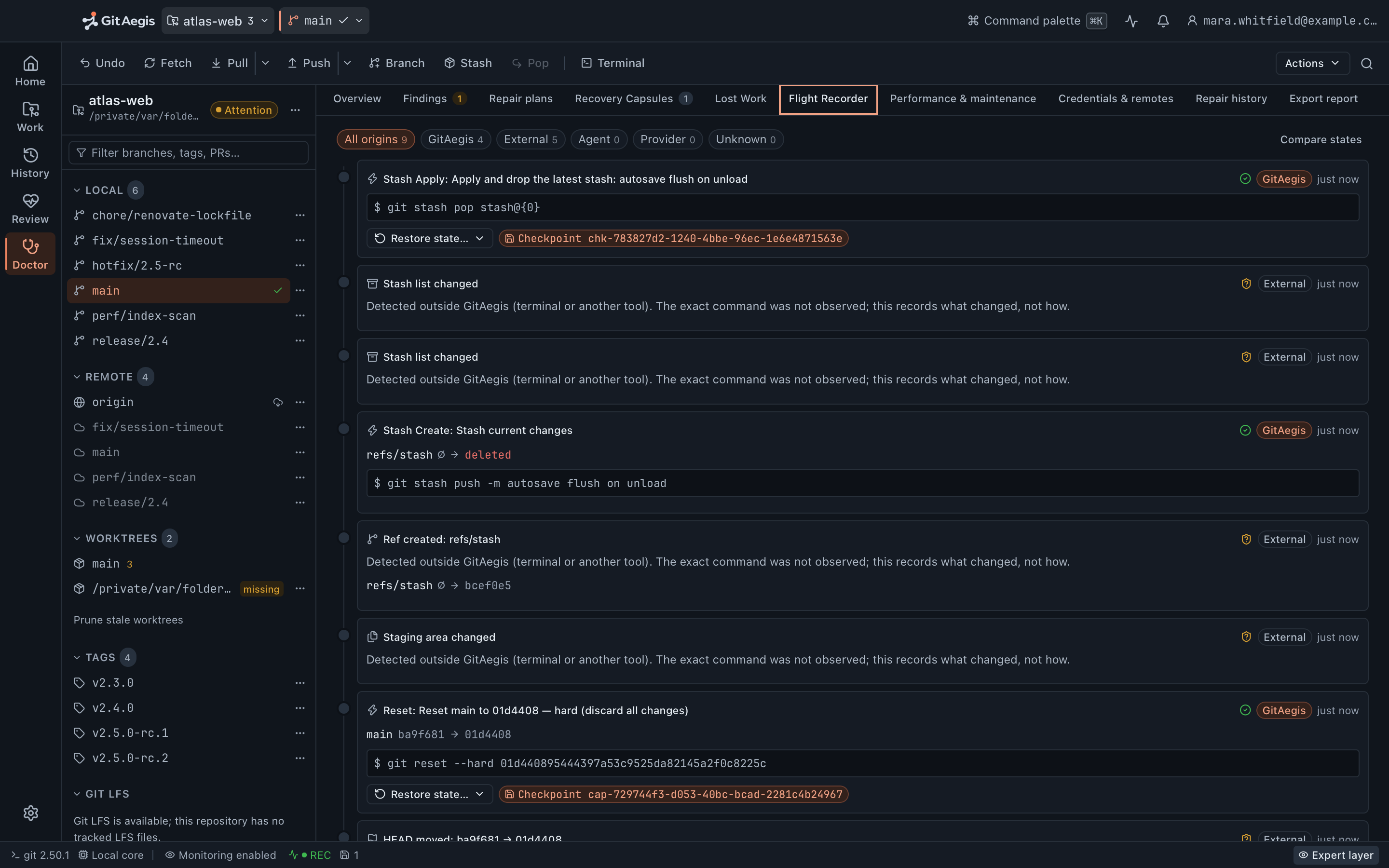 The GitAegis Flight Recorder timeline, showing repository events in sequence including changes made outside the client.