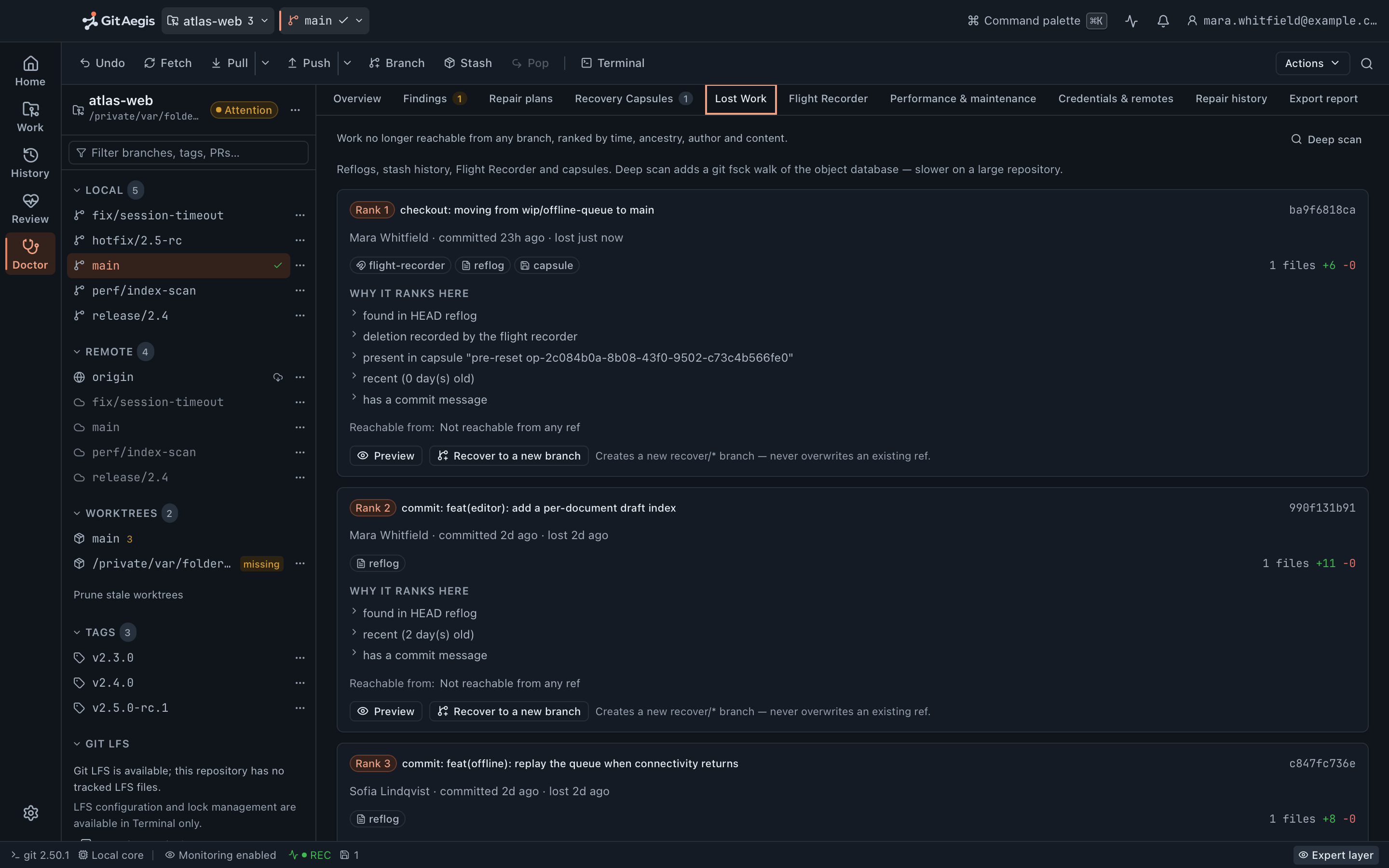 GitAegis Lost Work results, listing commits that no ref points at any more, each with the source it was found in and the option to put a branch back on it.