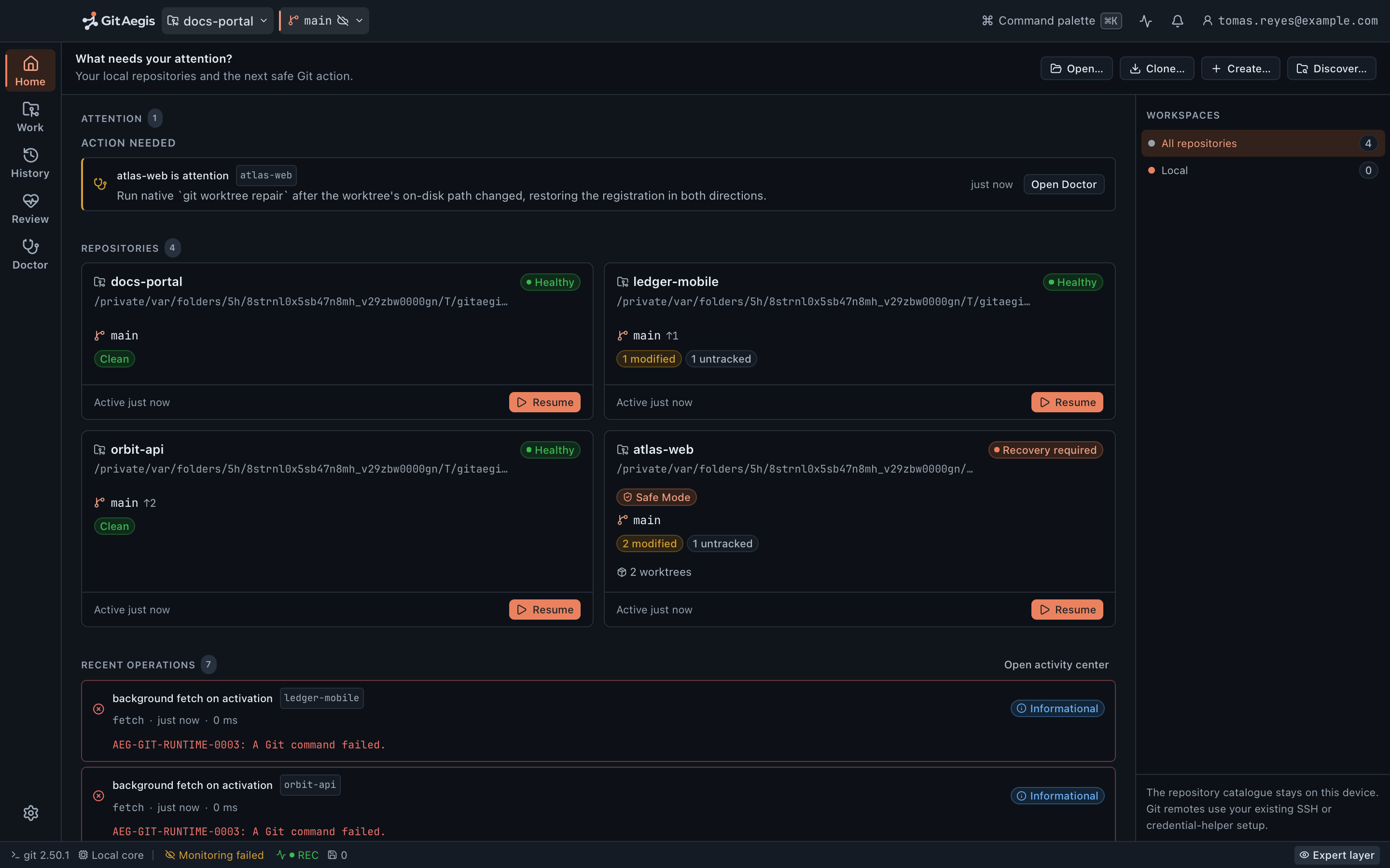The GitAegis repository catalogue in Home mode, listing each repository with its current branch, ahead and behind counts, dirty state and last activity, with one repository marked as being in Safe Mode.