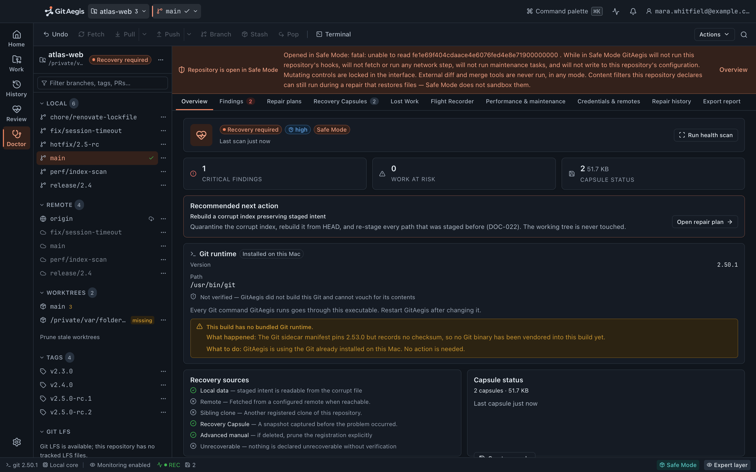 The GitAegis Safe Mode banner, shown when the index or HEAD cannot be trusted, with mutating controls locked out.