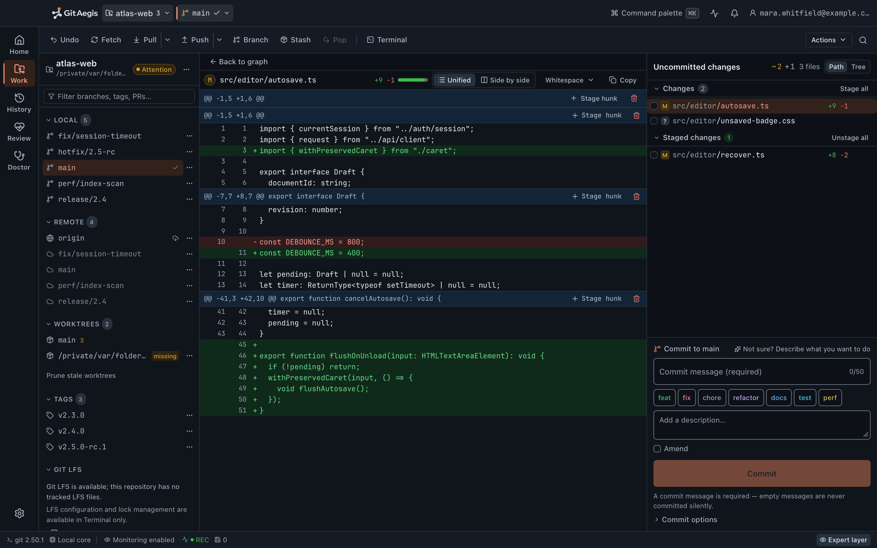 GitAegis Work mode, showing hunk-level staging beside a file diff, with the command strip displaying the exact Git invocation.